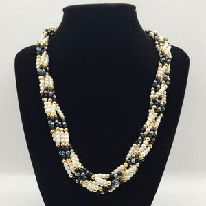 6-Strand Twisted Beaded Necklace in White, Gold and Black - 20"